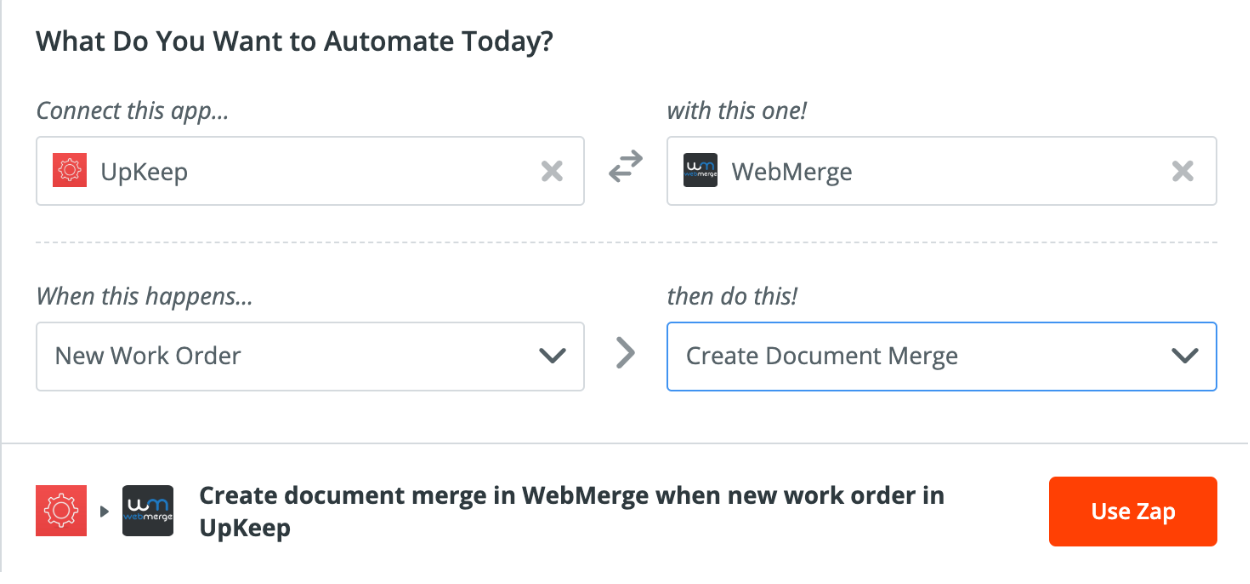 Photo of a Zap to connect WebMerge and UpKeep with Zapier